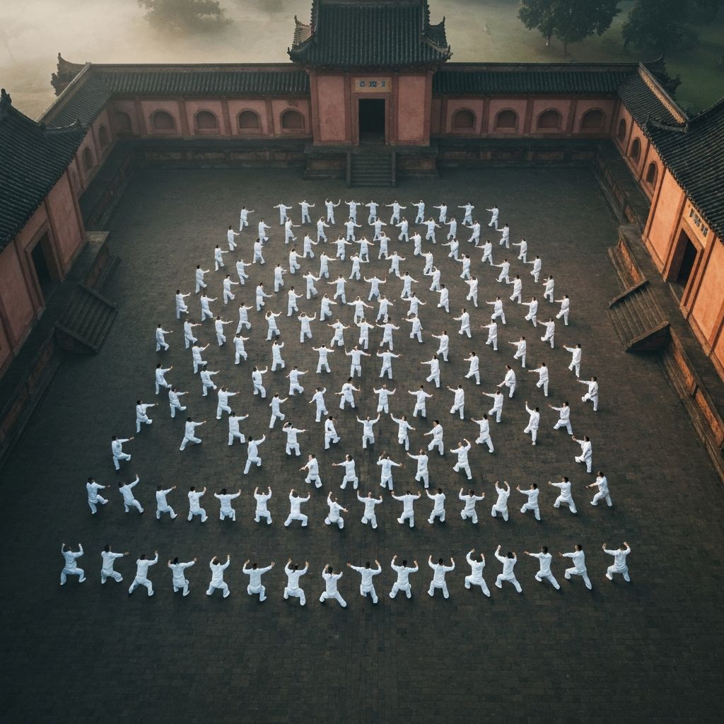 Martial arts practitioners in synchronized formation