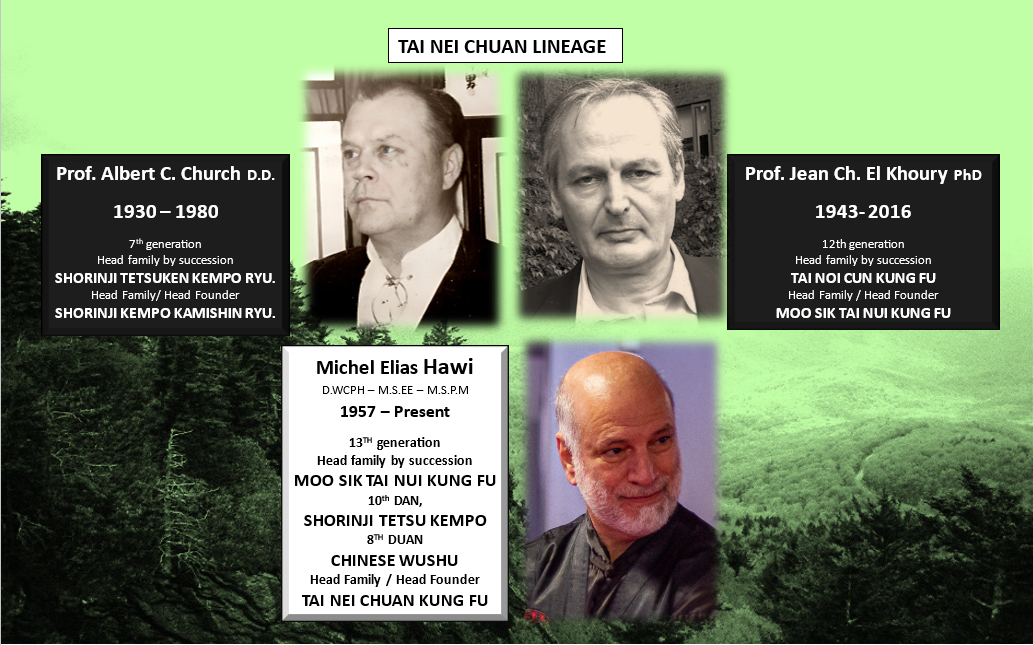 Tai Nei Chuan Lineage: Prof. Albert C. Church D.D. (7th generation, 1930-1980), Prof. Jean Ch. El Khoury PhD (12th generation, 1943-2016), and Michel Elias Hawi (13th generation, 1957-Present)